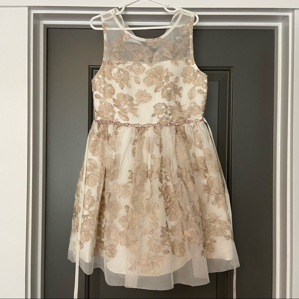 rare editions girls champagne tulle and gold dress - size 8